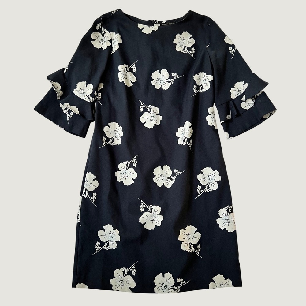 Banana Republic Shift Dress Navy Blue Floral Ruffle Bell Sleeve Size 0
